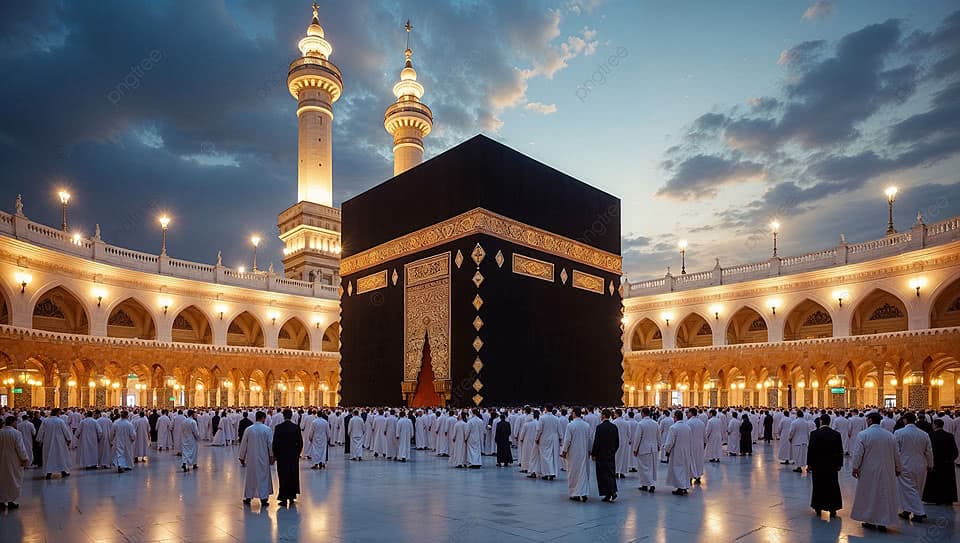 The city of Mecca with its Kaaba lit up at night